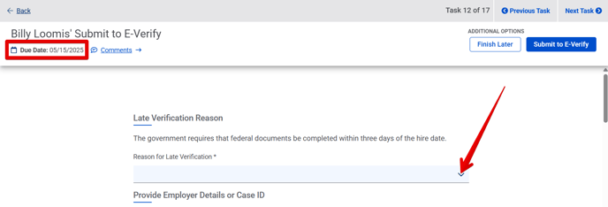 Submit to E-Verify task (top) (Late Verification) (arrow)