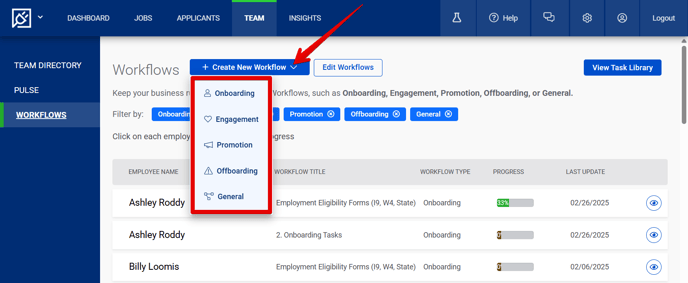 Team Page (5.2.25) (Workflows tab) (Create Workflow drop-down) (highlights)