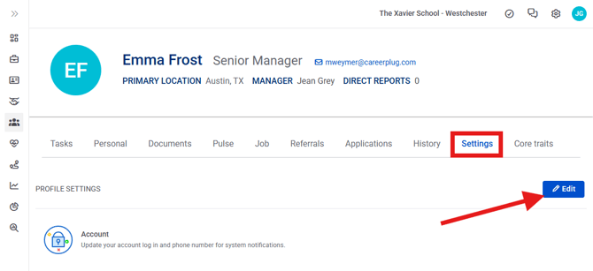 User Profile, Settings (Nav bar minimized) Pointed to edit