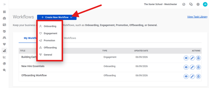 Workflows Page, Dropdown (Nav Bar Minimized) (dropdown highlights)