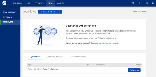 Workflows page, getting started with workflows