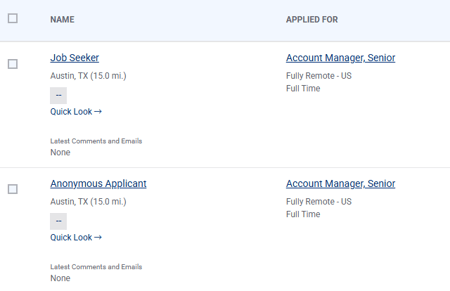 Examples of how an anonymous applicant would look in teh system